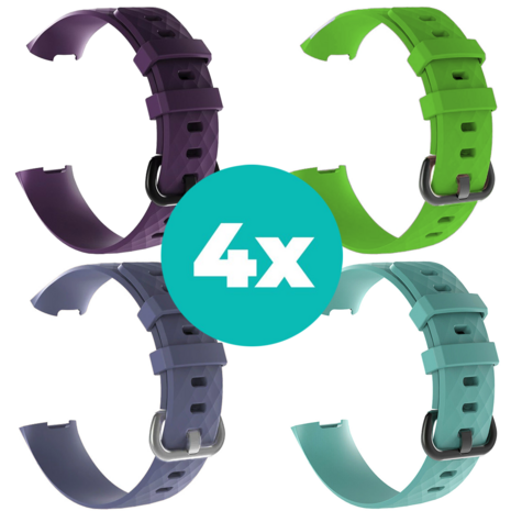Strap-it Siliconen bandjes geschikt voor Fitbit Charge 4 bandje - Bundel van 4 bandjes - Sport bandje Geschikt voor Fitbit Charge 3 bandje - Set bandjes 4x Paars - Grijsblauw - Aqua - Groen - Maat S/M (Small)