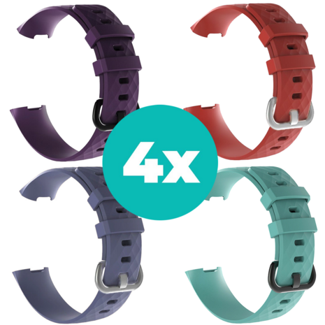 Strap-it Siliconen bandjes geschikt voor Fitbit Charge 4 bandje - Bundel van 4 bandjes - Sport bandje Geschikt voor Fitbit Charge 3 bandje - Set bandjes 4x Paars - Grijsblauw - Aqua - Rood - Maat S/M (Small)