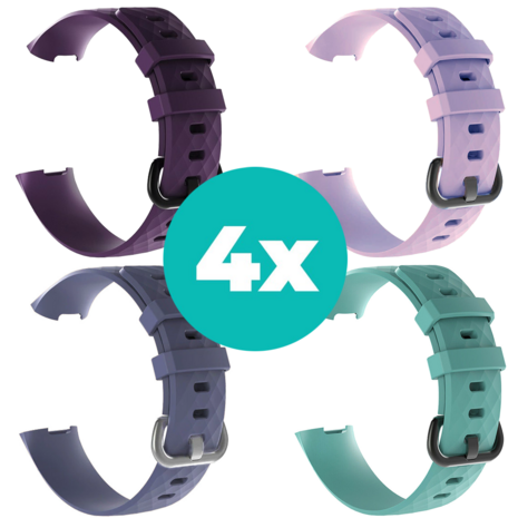 Strap-it Siliconen bandjes geschikt voor Fitbit Charge 4 bandje - Bundel van 4 bandjes - Sport bandje Geschikt voor Fitbit Charge 3 bandje - Set bandjes 4x Paars - Grijsblauw - Aqua - Lila - Maat S/M (Small)