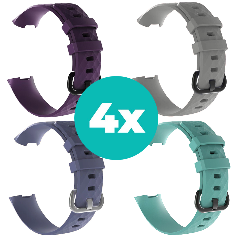 Strap-it Siliconen bandjes geschikt voor Fitbit Charge 4 bandje - Bundel van 4 bandjes - Sport bandje Geschikt voor Fitbit Charge 3 bandje - Set bandjes 4x Paars - Grijsblauw - Aqua - Grijs - Maat S/M (Small)