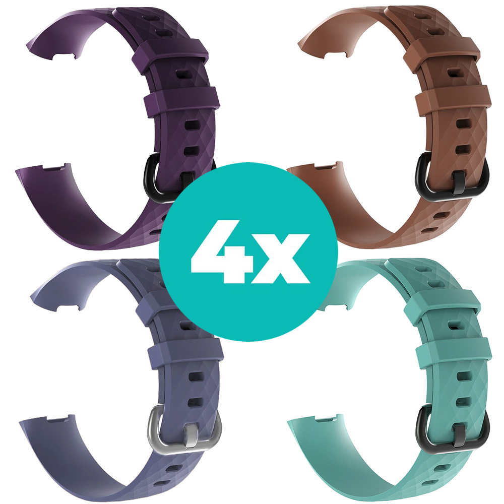Strap-it Siliconen bandjes geschikt voor Fitbit Charge 4 bandje - Bundel van 4 bandjes - Sport bandje Geschikt voor Fitbit Charge 3 bandje - Set bandjes 4x Paars - Grijsblauw - Aqua - Bruin - Maat S/M (Small)