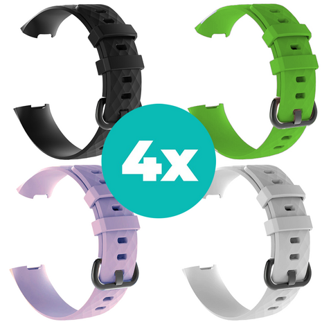 Strap-it Siliconen bandjes geschikt voor Fitbit Charge 4 bandje - Bundel van 4 bandjes - Sport bandje Geschikt voor Fitbit Charge 3 bandje - Set bandjes 4x Zwart - Lila - Wit - Groen - Maat S/M (Small)