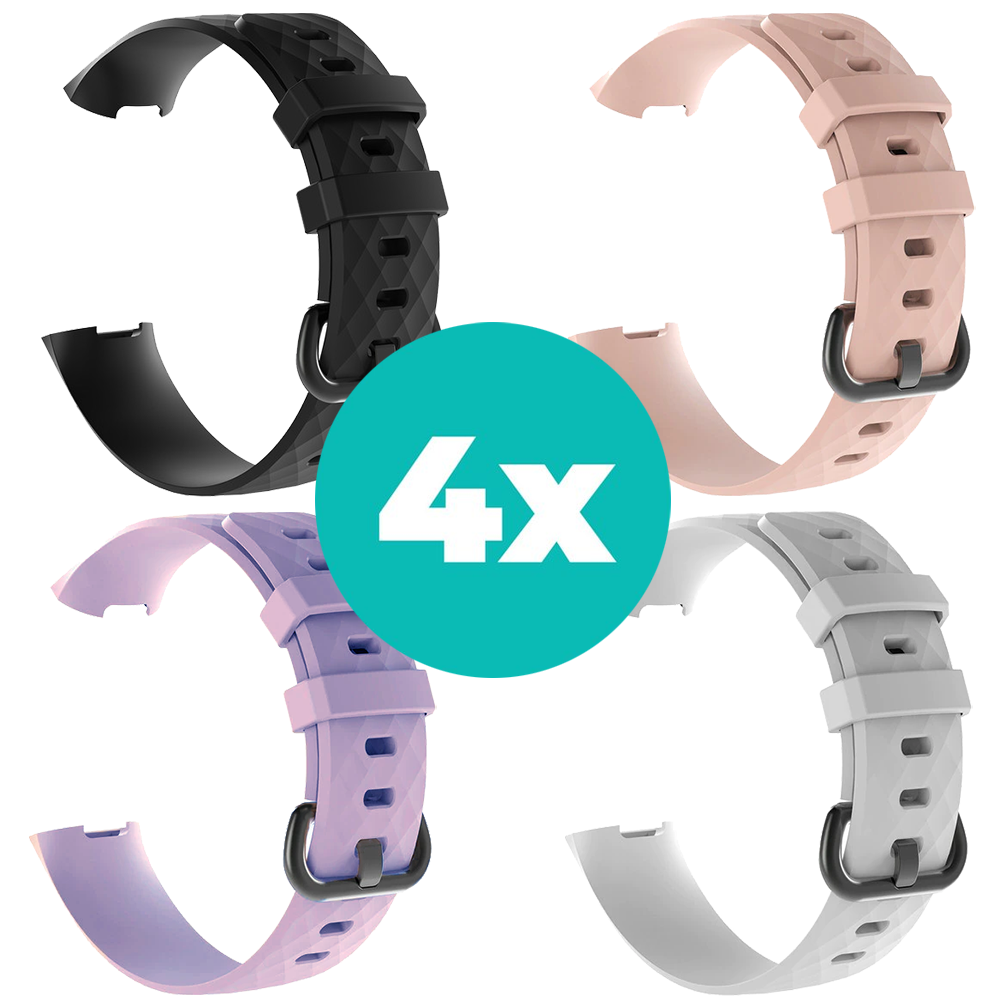 Strap-it Siliconen bandjes geschikt voor Fitbit Charge 4 bandje - Bundel van 4 bandjes - Sport bandje Geschikt voor Fitbit Charge 3 bandje - Set bandjes 4x Zwart - Lila - Wit - Lichtroze - Maat S/M (Small)