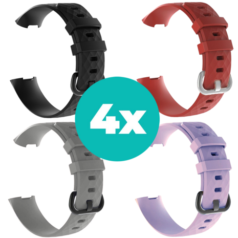 Strap-it Siliconen bandjes geschikt voor Fitbit Charge 4 bandje - Bundel van 4 bandjes - Sport bandje Geschikt voor Fitbit Charge 3 bandje - Set bandjes 4x Zwart - Grijs - Lila - Rood - Maat S/M (Small)