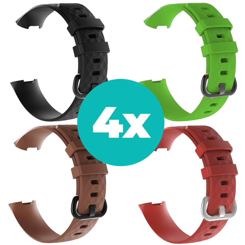 Strap-it Siliconen bandjes geschikt voor Fitbit Charge 4 bandje - Bundel van 4 bandjes - Sport bandje Geschikt voor Fitbit Charge 3 bandje - Set bandjes 4x Zwart - Bruin - Rood - Groen - Maat S/M (Small)
