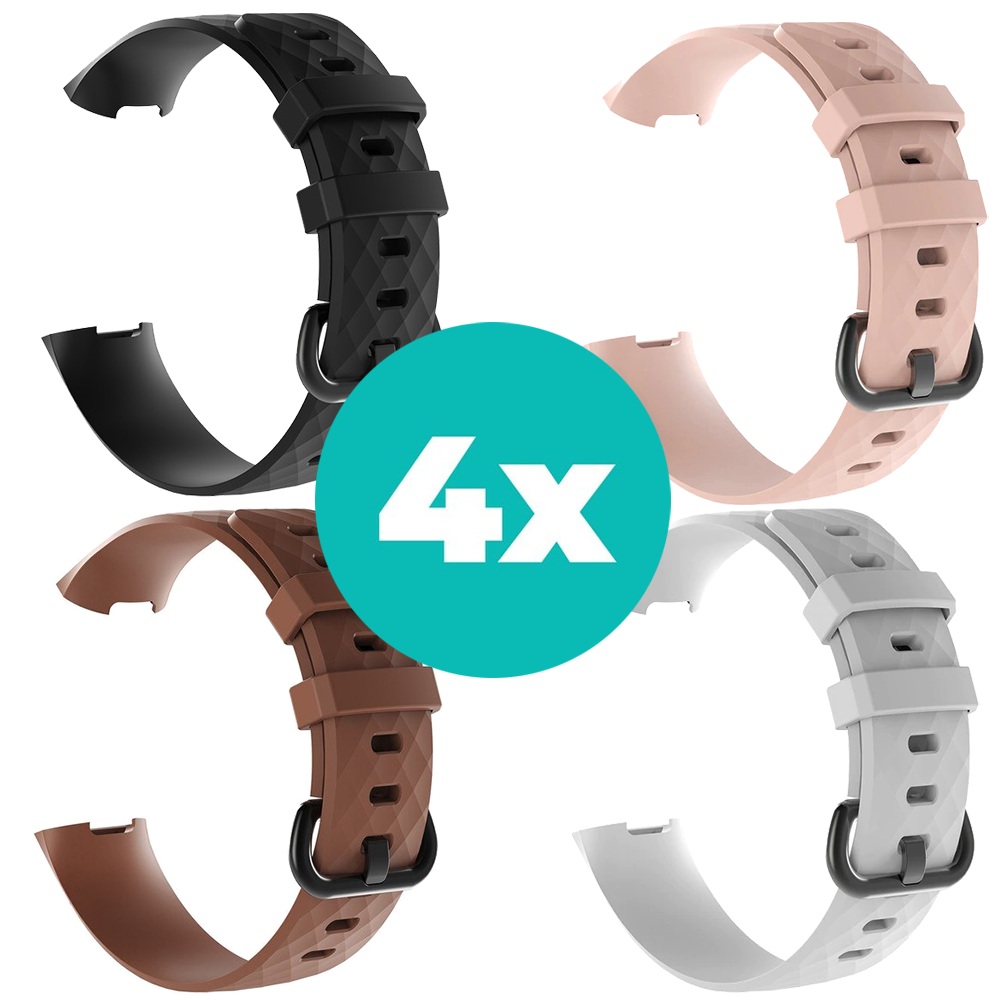 Strap-it Siliconen bandjes geschikt voor Fitbit Charge 4 bandje - Bundel van 4 bandjes - Sport bandje Geschikt voor Fitbit Charge 3 bandje - Set bandjes 4x Zwart - Bruin - Wit - Lichtroze - Maat S/M (Small)