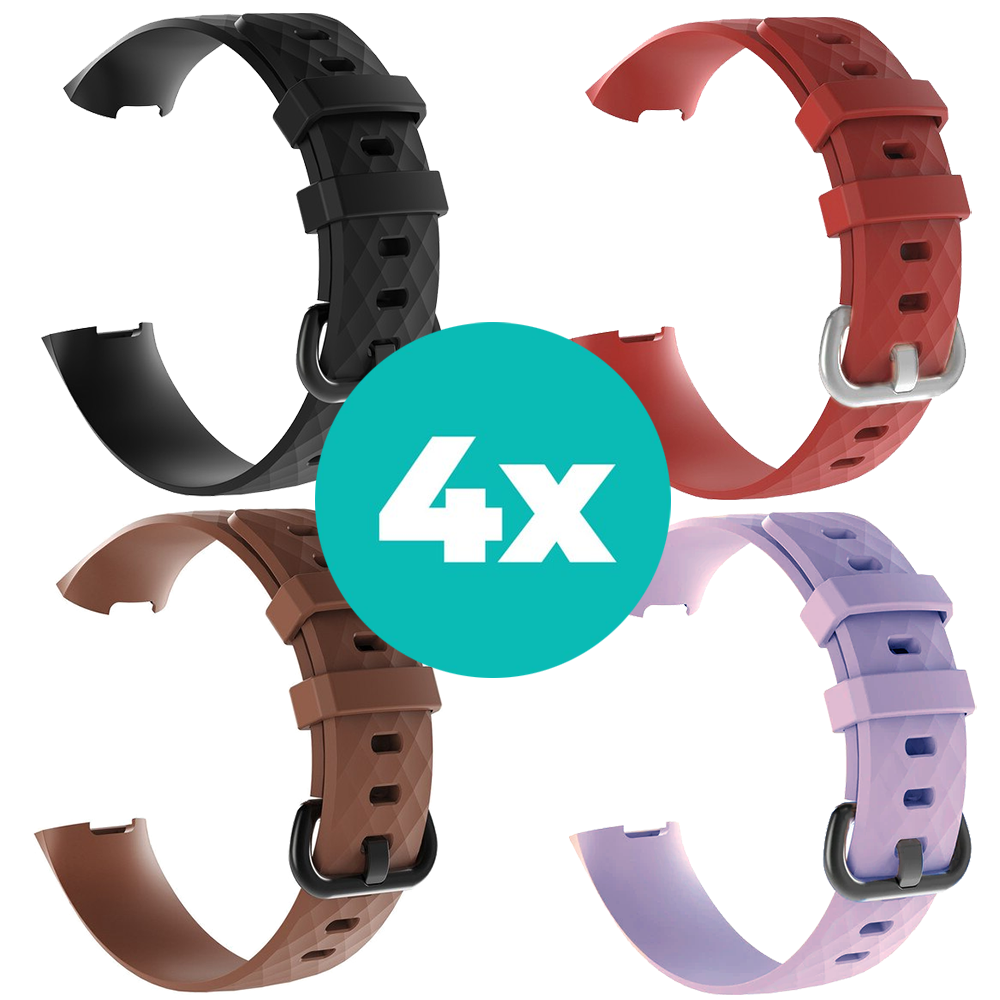 Strap-it Siliconen bandjes geschikt voor Fitbit Charge 4 bandje - Bundel van 4 bandjes - Sport bandje Geschikt voor Fitbit Charge 3 bandje - Set bandjes 4x Zwart - Bruin - Lila - Rood - Maat S/M (Small)