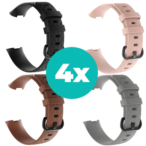 Strap-it Siliconen bandjes geschikt voor Fitbit Charge 4 bandje - Bundel van 4 bandjes - Sport bandje Geschikt voor Fitbit Charge 3 bandje - Set bandjes 4x Zwart - Bruin - Grijs - Lichtroze - Maat S/M (Small)