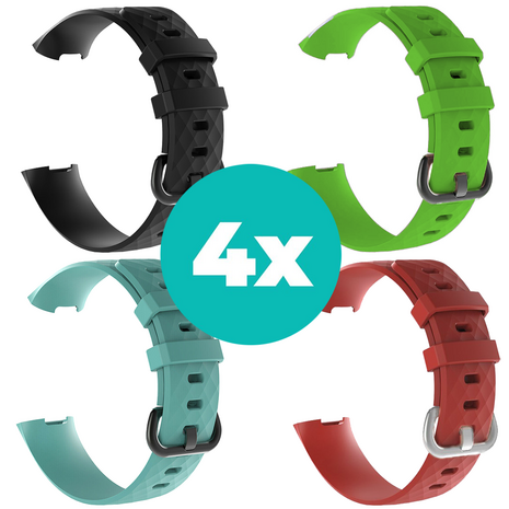 Strap-it Siliconen bandjes geschikt voor Fitbit Charge 4 bandje - Bundel van 4 bandjes - Sport bandje Geschikt voor Fitbit Charge 3 bandje - Set bandjes 4x Zwart - Aqua - Rood - Groen - Maat S/M (Small)