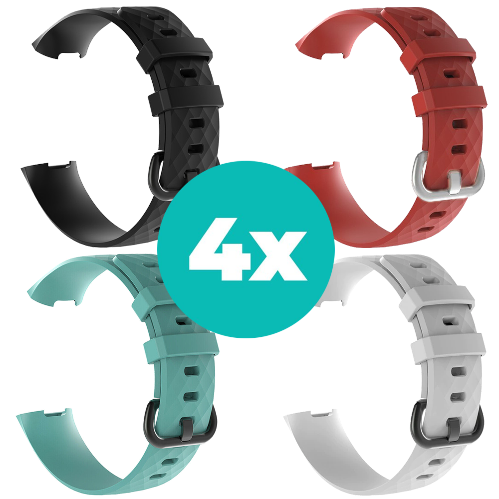 Strap-it Siliconen bandjes geschikt voor Fitbit Charge 4 bandje - Bundel van 4 bandjes - Sport bandje Geschikt voor Fitbit Charge 3 bandje - Set bandjes 4x Zwart - Aqua - Wit - Rood - Maat S/M (Small)