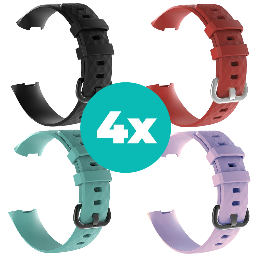 Strap-it Siliconen bandjes geschikt voor Fitbit Charge 4 bandje - Bundel van 4 bandjes - Sport bandje Geschikt voor Fitbit Charge 3 bandje - Set bandjes 4x Zwart - Aqua - Lila - Rood - Maat S/M (Small)