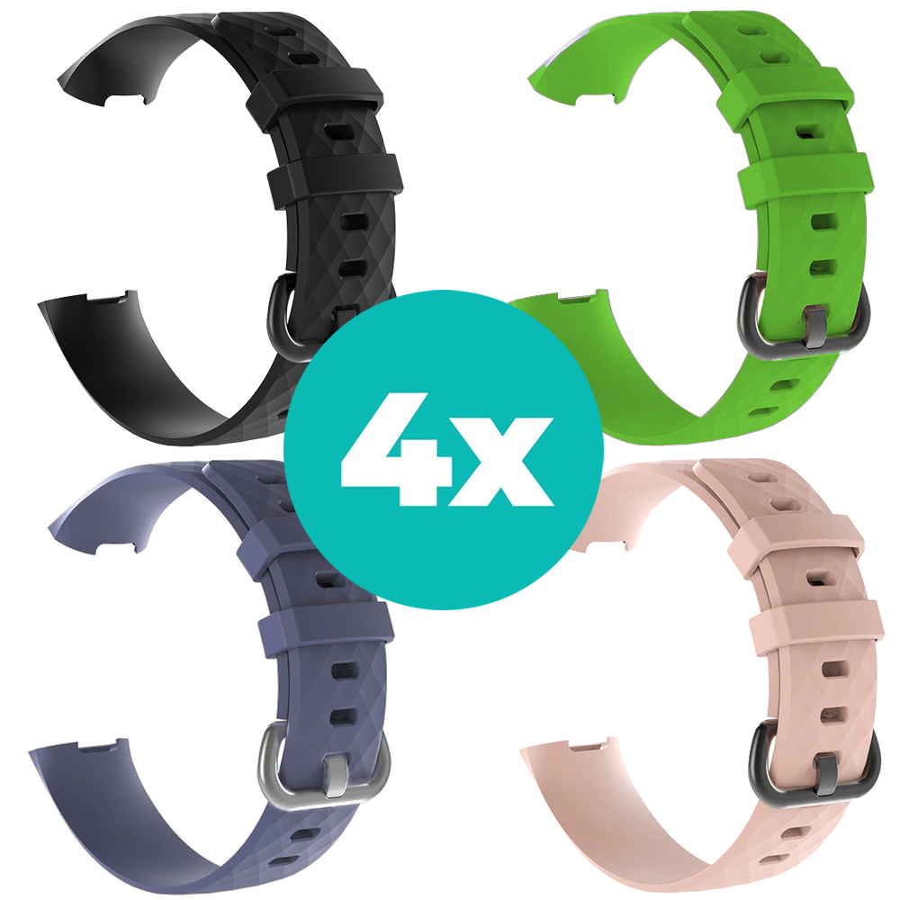 Strap-it Siliconen bandjes geschikt voor Fitbit Charge 4 bandje - Bundel van 4 bandjes - Sport bandje Geschikt voor Fitbit Charge 3 bandje - Set bandjes 4x Zwart - Grijsblauw - Lichtroze - Groen - Maat S/M (Small)
