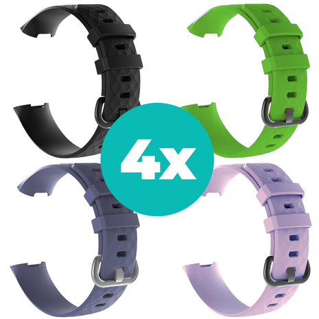 Strap-it Siliconen bandjes geschikt voor Fitbit Charge 4 bandje - Bundel van 4 bandjes - Sport bandje Geschikt voor Fitbit Charge 3 bandje - Set bandjes 4x Zwart - Grijsblauw - Lila - Groen - Maat S/M (Small)