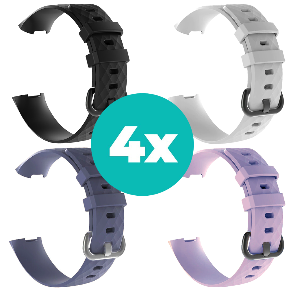 Strap-it Siliconen bandjes geschikt voor Fitbit Charge 4 bandje - Bundel van 4 bandjes - Sport bandje Geschikt voor Fitbit Charge 3 bandje - Set bandjes 4x Zwart - Grijsblauw - Lila - Wit - Maat S/M (Small)