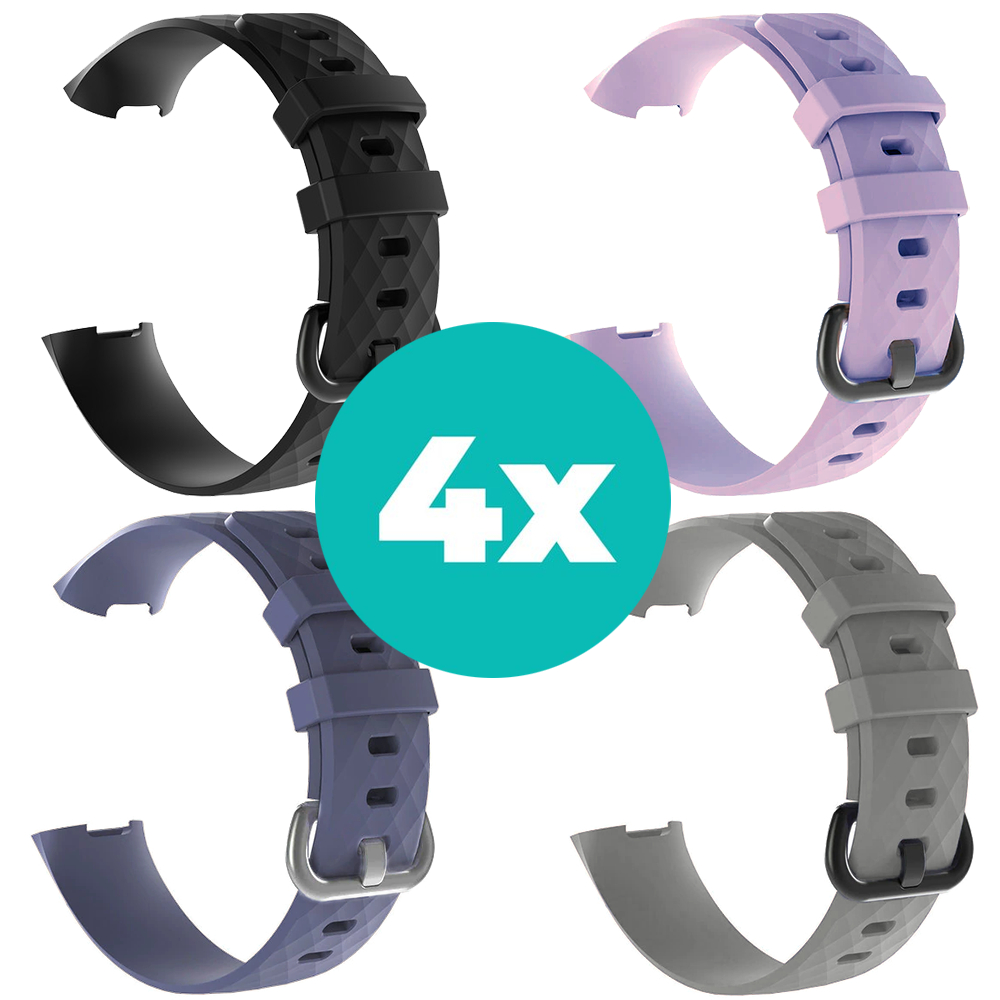Strap-it Siliconen bandjes geschikt voor Fitbit Charge 4 bandje - Bundel van 4 bandjes - Sport bandje Geschikt voor Fitbit Charge 3 bandje - Set bandjes 4x Zwart - Grijsblauw - Grijs - Lila - Maat S/M (Small)