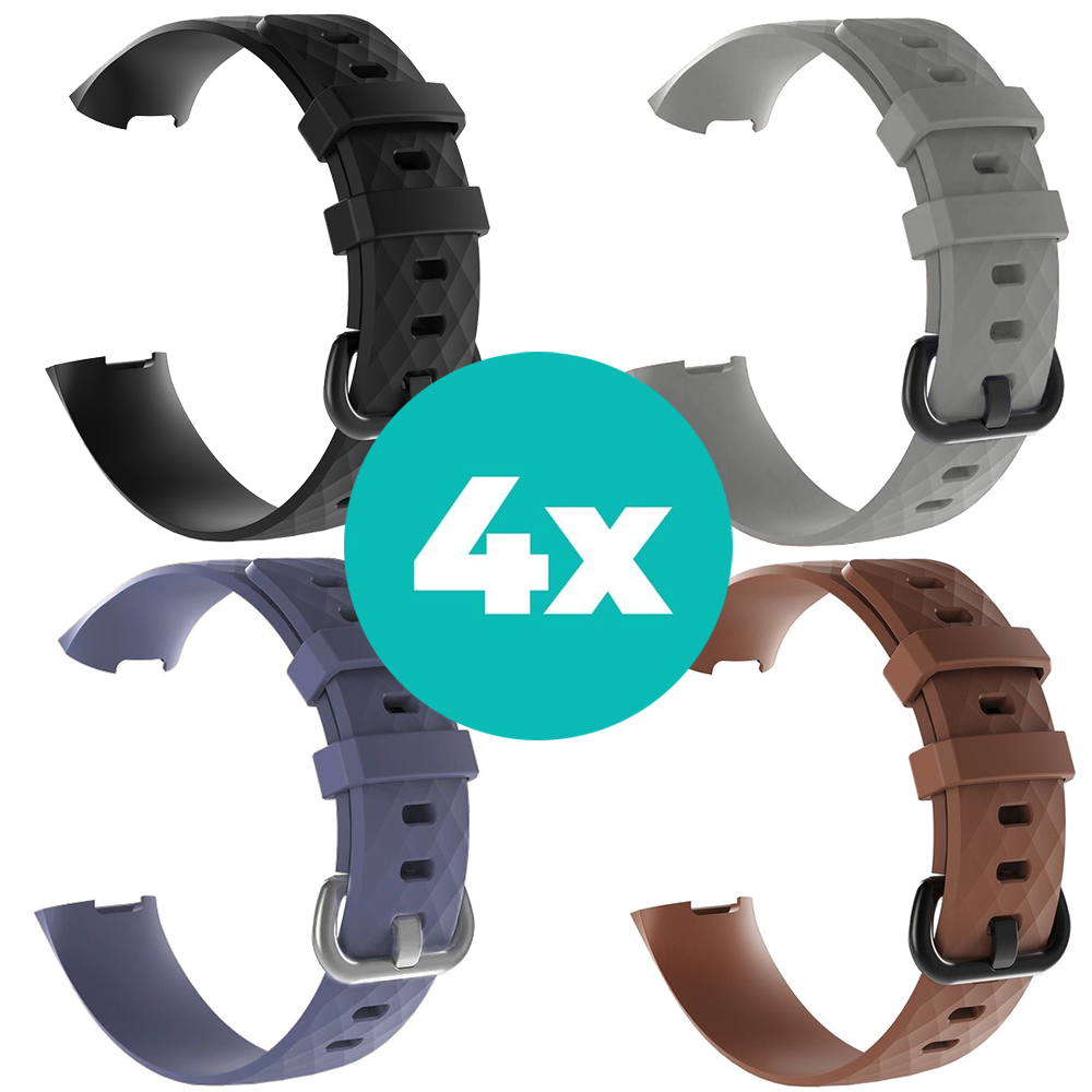 Strap-it Siliconen bandjes geschikt voor Fitbit Charge 4 bandje - Bundel van 4 bandjes - Sport bandje Geschikt voor Fitbit Charge 3 bandje - Set bandjes 4x Zwart - Grijsblauw - Bruin - Grijs - Maat S/M (Small)