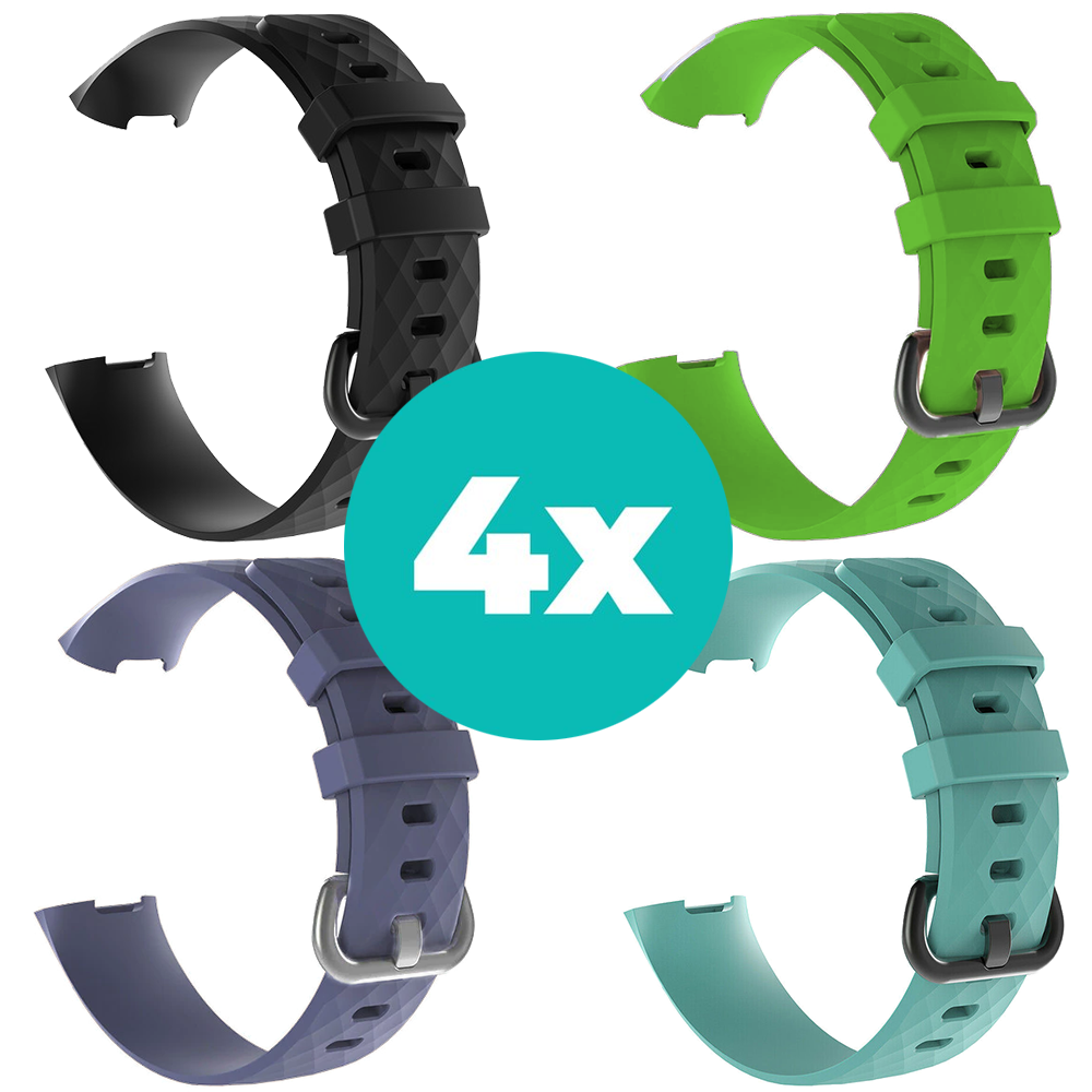 Strap-it Siliconen bandjes geschikt voor Fitbit Charge 4 bandje - Bundel van 4 bandjes - Sport bandje Geschikt voor Fitbit Charge 3 bandje - Set bandjes 4x Zwart - Grijsblauw - Aqua - Groen - Maat S/M (Small)
