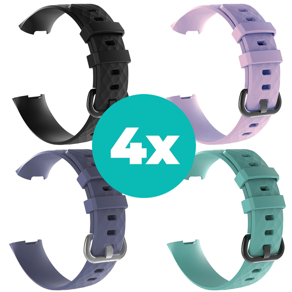 Strap-it Siliconen bandjes geschikt voor Fitbit Charge 4 bandje - Bundel van 4 bandjes - Sport bandje Geschikt voor Fitbit Charge 3 bandje - Set bandjes 4x Zwart - Grijsblauw - Aqua - Lila - Maat S/M (Small)