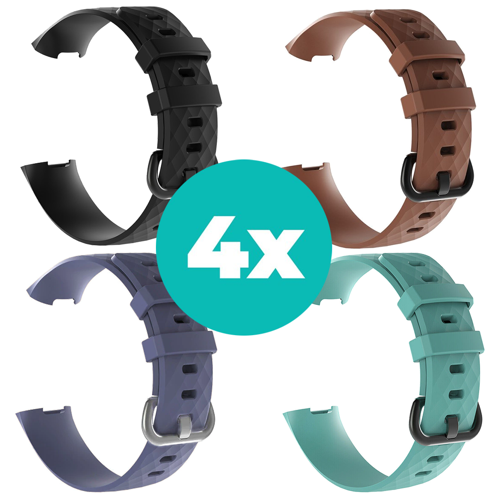Strap-it Siliconen bandjes geschikt voor Fitbit Charge 4 bandje - Bundel van 4 bandjes - Sport bandje Geschikt voor Fitbit Charge 3 bandje - Set bandjes 4x Zwart - Grijsblauw - Aqua - Bruin - Maat S/M (Small)