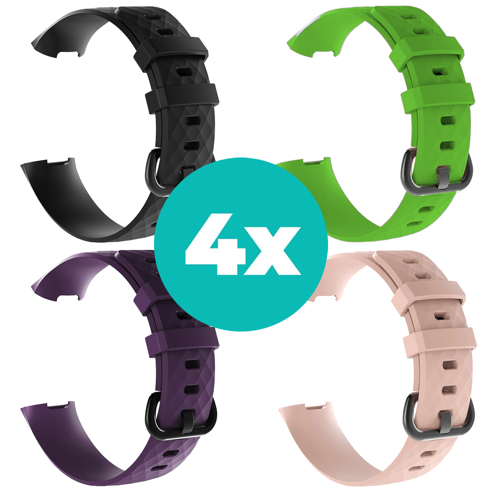 Strap-it Siliconen bandjes geschikt voor Fitbit Charge 4 bandje - Bundel van 4 bandjes - Sport bandje Geschikt voor Fitbit Charge 3 bandje - Set bandjes 4x Zwart - Paars - Lichtroze - Groen - Maat S/M (Small)