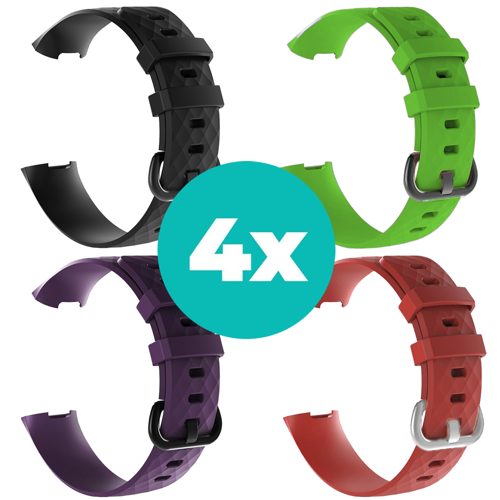 Strap-it Siliconen bandjes geschikt voor Fitbit Charge 4 bandje - Bundel van 4 bandjes - Sport bandje Geschikt voor Fitbit Charge 3 bandje - Set bandjes 4x Zwart - Paars - Rood - Groen - Maat S/M (Small)