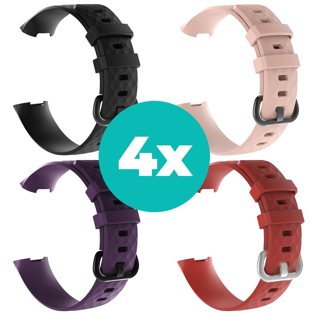 Strap-it Siliconen bandjes geschikt voor Fitbit Charge 4 bandje - Bundel van 4 bandjes - Sport bandje Geschikt voor Fitbit Charge 3 bandje - Set bandjes 4x Zwart - Paars - Rood - Lichtroze - Maat S/M (Small)