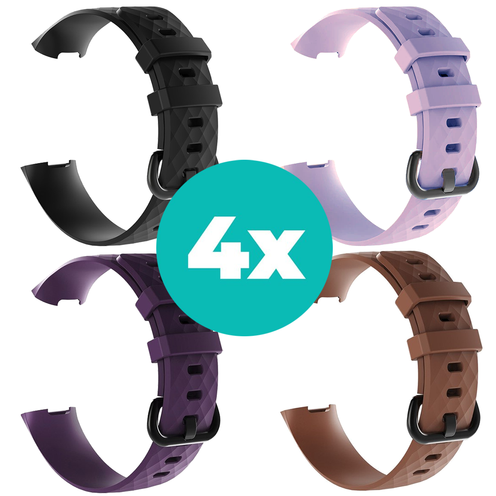 Strap-it Siliconen bandjes geschikt voor Fitbit Charge 4 bandje - Bundel van 4 bandjes - Sport bandje Geschikt voor Fitbit Charge 3 bandje - Set bandjes 4x Zwart - Paars - Bruin - Lila - Maat S/M (Small)