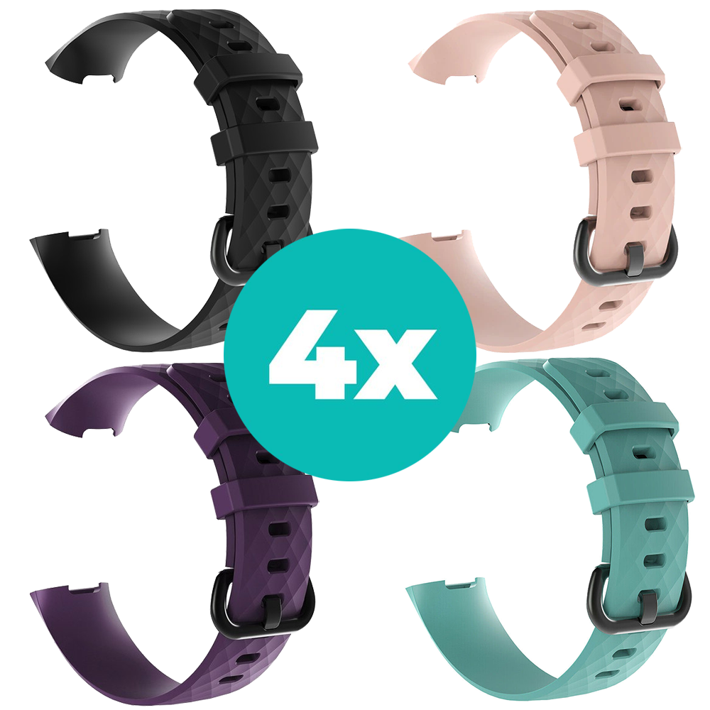 Strap-it Siliconen bandjes geschikt voor Fitbit Charge 4 bandje - Bundel van 4 bandjes - Sport bandje Geschikt voor Fitbit Charge 3 bandje - Set bandjes 4x Zwart - Paars - Aqua - Lichtroze - Maat S/M (Small)