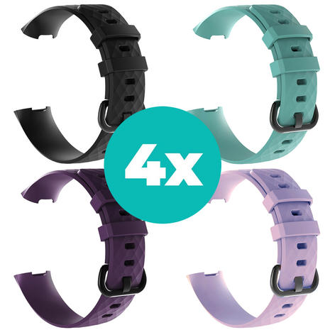 Strap-it Siliconen bandjes geschikt voor Fitbit Charge 4 bandje - Bundel van 4 bandjes - Sport bandje Geschikt voor Fitbit Charge 3 bandje - Set bandjes 4x Zwart - Paars - Aqua - Lila - Maat S/M (Small)