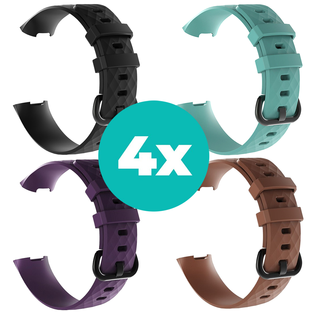 Strap-it Siliconen bandjes geschikt voor Fitbit Charge 4 bandje - Bundel van 4 bandjes - Sport bandje Geschikt voor Fitbit Charge 3 bandje - Set bandjes 4x Zwart - Paars - Aqua - Bruin - Maat S/M (Small)