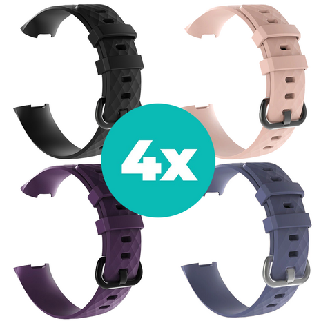Strap-it Siliconen bandjes geschikt voor Fitbit Charge 4 bandje - Bundel van 4 bandjes - Sport bandje Geschikt voor Fitbit Charge 3 bandje - Set bandjes 4x Zwart - Paars - Grijsblauw - Lichtroze - Maat S/M (Small)