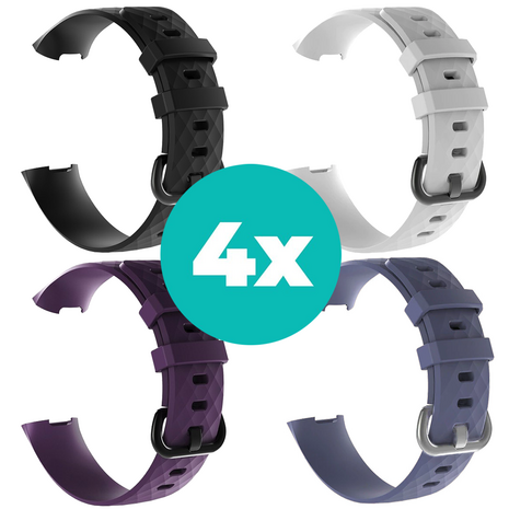 Strap-it Siliconen bandjes geschikt voor Fitbit Charge 4 bandje - Bundel van 4 bandjes - Sport bandje Geschikt voor Fitbit Charge 3 bandje - Set bandjes 4x Zwart - Paars - Grijsblauw - Wit - Maat S/M (Small)