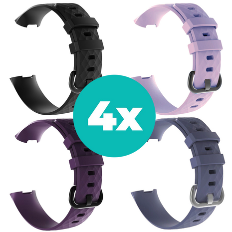 Strap-it Siliconen bandjes geschikt voor Fitbit Charge 4 bandje - Bundel van 4 bandjes - Sport bandje Geschikt voor Fitbit Charge 3 bandje - Set bandjes 4x Zwart - Paars - Grijsblauw - Lila - Maat S/M (Small)