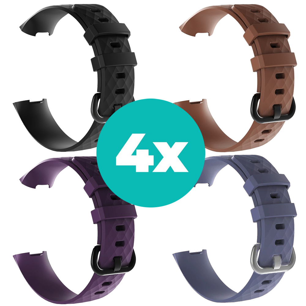Strap-it Siliconen bandjes geschikt voor Fitbit Charge 4 bandje - Bundel van 4 bandjes - Sport bandje Geschikt voor Fitbit Charge 3 bandje - Set bandjes 4x Zwart - Paars - Grijsblauw - Bruin - Maat S/M (Small)