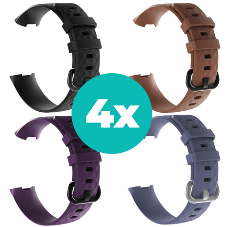 Strap-it Siliconen bandjes geschikt voor Fitbit Charge 4 bandje - Bundel van 4 bandjes - Sport bandje Geschikt voor Fitbit Charge 3 bandje - Set bandjes 4x Zwart - Paars - Grijsblauw - Bruin - Maat S/M (Small)