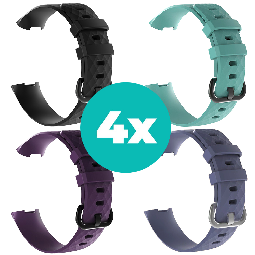 Strap-it Siliconen bandjes geschikt voor Fitbit Charge 4 bandje - Bundel van 4 bandjes - Sport bandje Geschikt voor Fitbit Charge 3 bandje - Set bandjes 4x Zwart - Paars - Grijsblauw - Aqua - Maat S/M (Small)