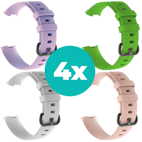 Strap-it Siliconen bandjes geschikt voor Fitbit Charge 4 bandje - Bundel van 4 bandjes - Sport bandje Geschikt voor Fitbit Charge 3 bandje - Set bandjes 4x Lila - Wit - Lichtroze - Groen - Maat M/L (Large)