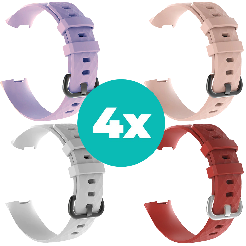 Strap-it Siliconen bandjes geschikt voor Fitbit Charge 4 bandje - Bundel van 4 bandjes - Sport bandje Geschikt voor Fitbit Charge 3 bandje - Set bandjes 4x Lila - Wit - Rood - Lichtroze - Maat M/L (Large)