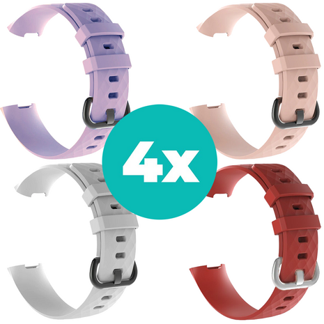Strap-it Siliconen bandjes geschikt voor Fitbit Charge 4 bandje - Bundel van 4 bandjes - Sport bandje Geschikt voor Fitbit Charge 3 bandje - Set bandjes 4x Lila - Wit - Rood - Lichtroze - Maat M/L (Large)