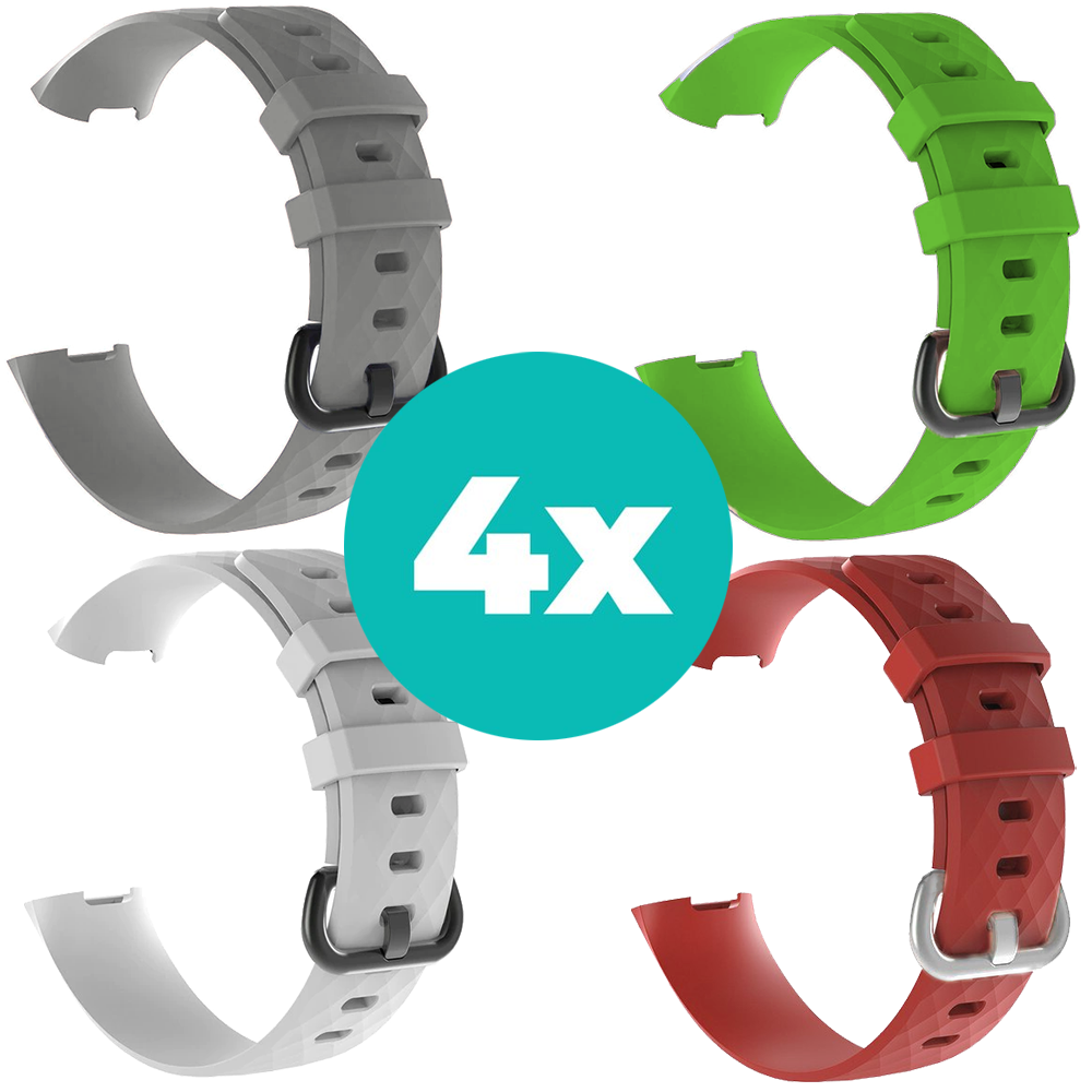Strap-it Siliconen bandjes geschikt voor Fitbit Charge 4 bandje - Bundel van 4 bandjes - Sport bandje Geschikt voor Fitbit Charge 3 bandje - Set bandjes 4x Grijs - Wit - Rood - Groen - Maat M/L (Large)