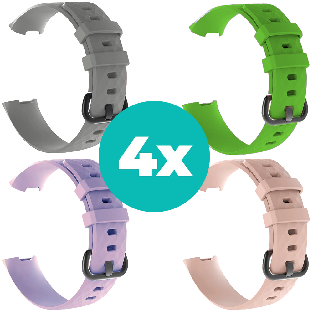 Strap-it Siliconen bandjes geschikt voor Fitbit Charge 4 bandje - Bundel van 4 bandjes - Sport bandje Geschikt voor Fitbit Charge 3 bandje - Set bandjes 4x Grijs - Lila - Lichtroze - Groen - Maat M/L (Large)