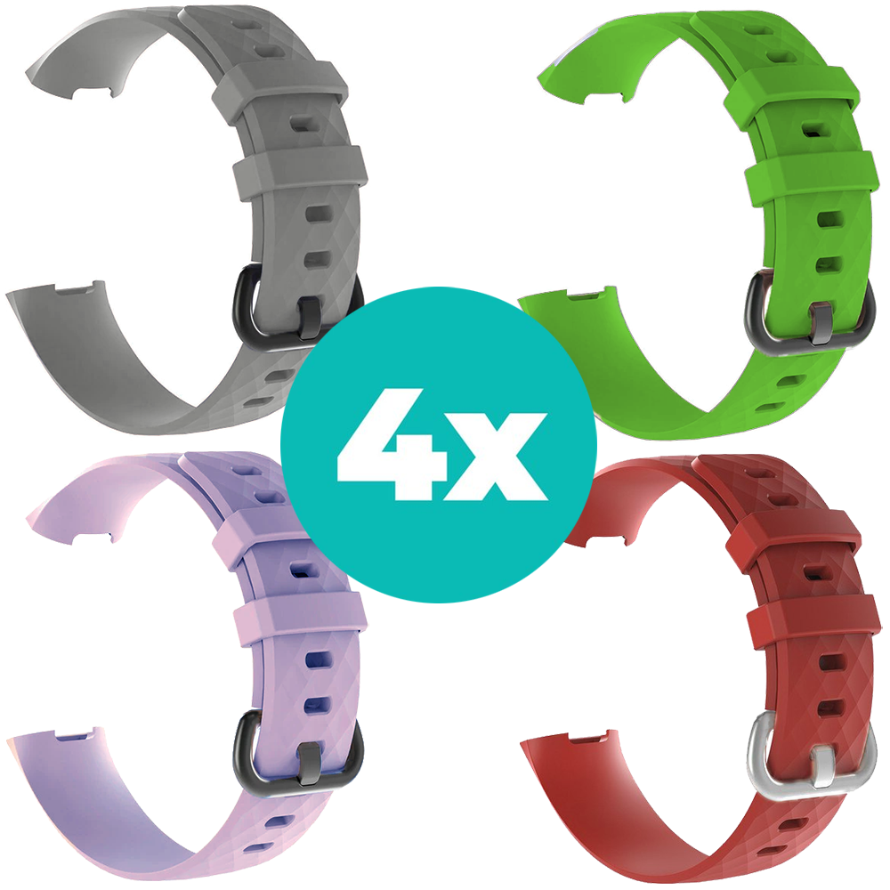 Strap-it Siliconen bandjes geschikt voor Fitbit Charge 4 bandje - Bundel van 4 bandjes - Sport bandje Geschikt voor Fitbit Charge 3 bandje - Set bandjes 4x Grijs - Lila - Rood - Groen - Maat M/L (Large)