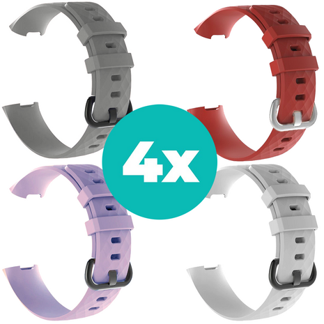 Strap-it Siliconen bandjes geschikt voor Fitbit Charge 4 bandje - Bundel van 4 bandjes - Sport bandje Geschikt voor Fitbit Charge 3 bandje - Set bandjes 4x Grijs - Lila - Wit - Rood - Maat M/L (Large)