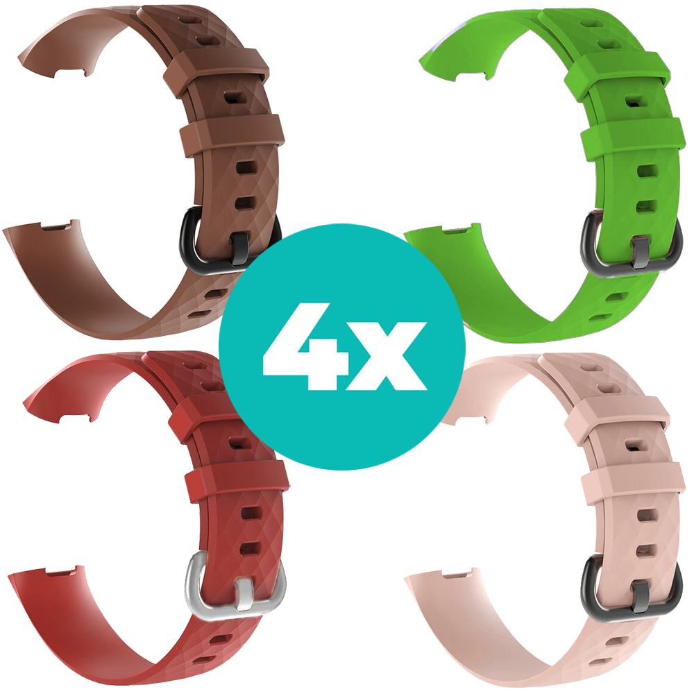 Strap-it Siliconen bandjes geschikt voor Fitbit Charge 4 bandje - Bundel van 4 bandjes - Sport bandje Geschikt voor Fitbit Charge 3 bandje - Set bandjes 4x Bruin - Rood - Lichtroze - Groen - Maat M/L (Large)