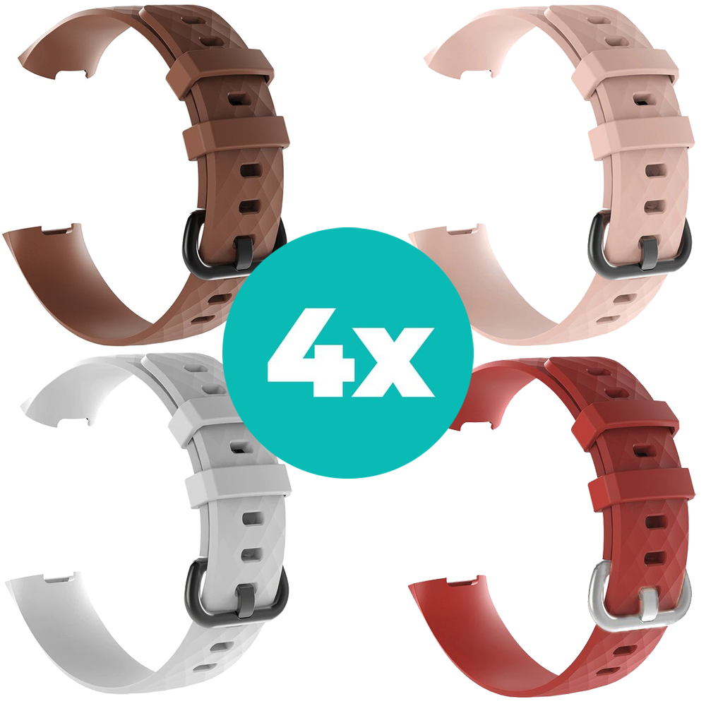 Strap-it Siliconen bandjes geschikt voor Fitbit Charge 4 bandje - Bundel van 4 bandjes - Sport bandje Geschikt voor Fitbit Charge 3 bandje - Set bandjes 4x Bruin - Wit - Rood - Lichtroze - Maat M/L (Large)