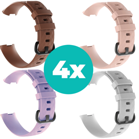 Strap-it Siliconen bandjes geschikt voor Fitbit Charge 4 bandje - Bundel van 4 bandjes - Sport bandje Geschikt voor Fitbit Charge 3 bandje - Set bandjes 4x Bruin - Lila - Wit - Lichtroze - Maat M/L (Large)