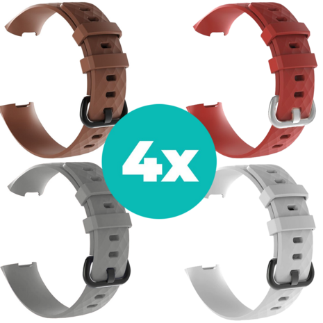 Strap-it Siliconen bandjes geschikt voor Fitbit Charge 4 bandje - Bundel van 4 bandjes - Sport bandje Geschikt voor Fitbit Charge 3 bandje - Set bandjes 4x Bruin - Grijs - Wit - Rood - Maat M/L (Large)