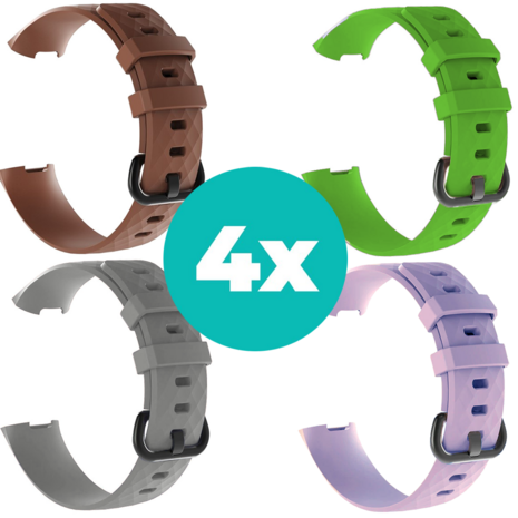 Strap-it Siliconen bandjes geschikt voor Fitbit Charge 4 bandje - Bundel van 4 bandjes - Sport bandje Geschikt voor Fitbit Charge 3 bandje - Set bandjes 4x Bruin - Grijs - Lila - Groen - Maat M/L (Large)