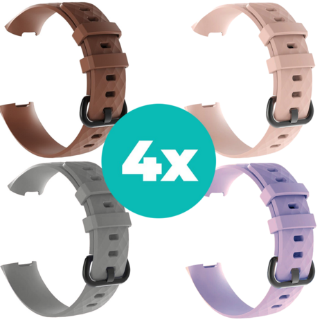 Strap-it Siliconen bandjes geschikt voor Fitbit Charge 4 bandje - Bundel van 4 bandjes - Sport bandje Geschikt voor Fitbit Charge 3 bandje - Set bandjes 4x Bruin - Grijs - Lila - Lichtroze - Maat M/L (Large)
