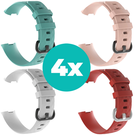 Strap-it Siliconen bandjes geschikt voor Fitbit Charge 4 bandje - Bundel van 4 bandjes - Sport bandje Geschikt voor Fitbit Charge 3 bandje - Set bandjes 4x Aqua - Wit - Rood - Lichtroze - Maat M/L (Large)